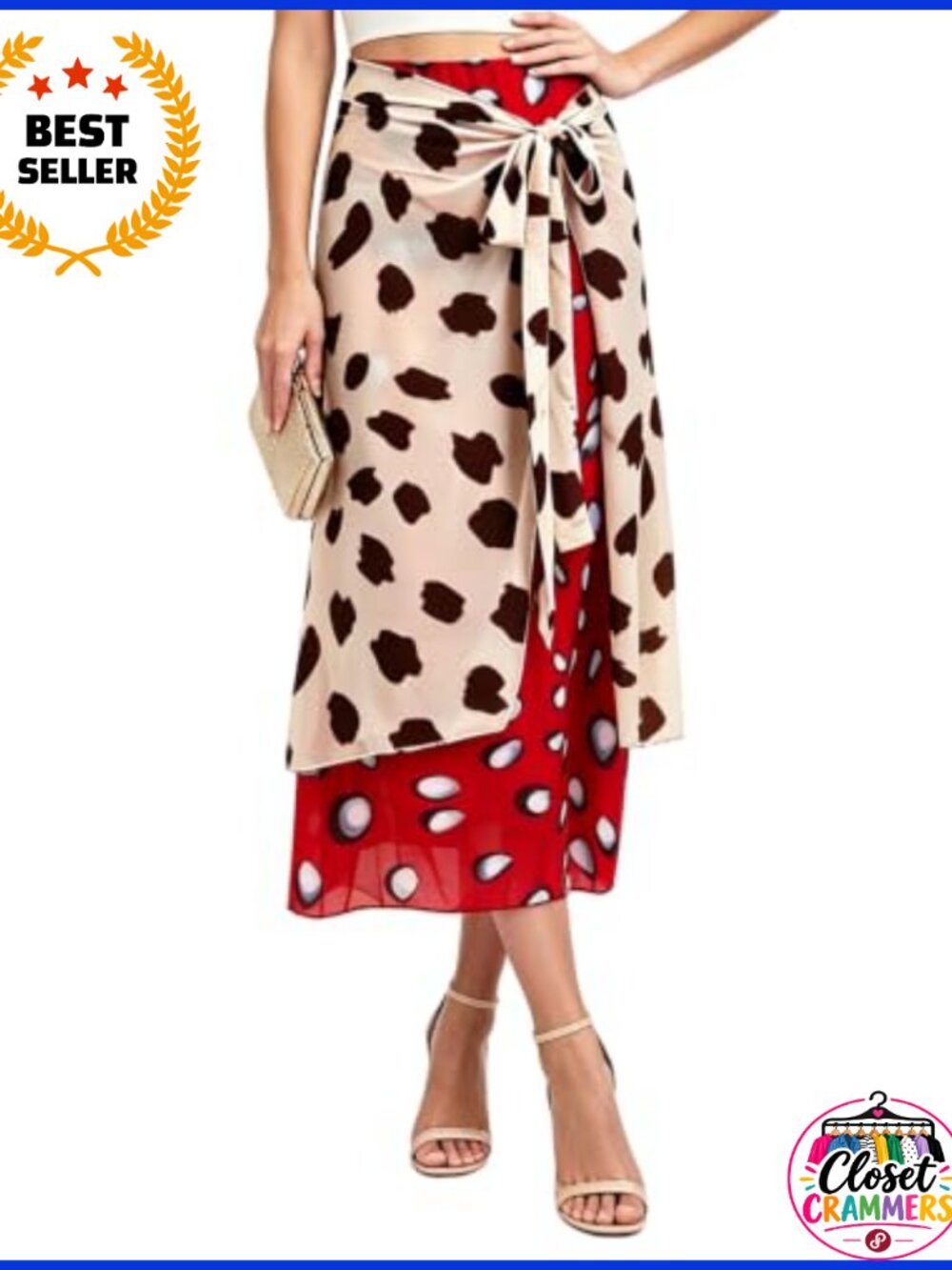 Polka Dot Midi Skirt Flowy Wrap Tie Layered Bodycon Skirt